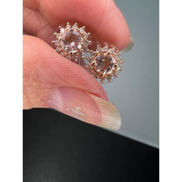 morganite and white topaz halo stud earrings in rose gold over sterling - Picture 6 of 11